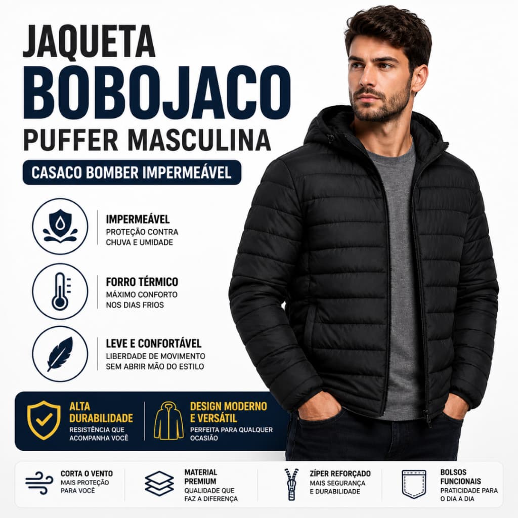 Jaqueta Puffer Bobojaco Masculina Capuz Removivel impermeável Frio Corta Vento