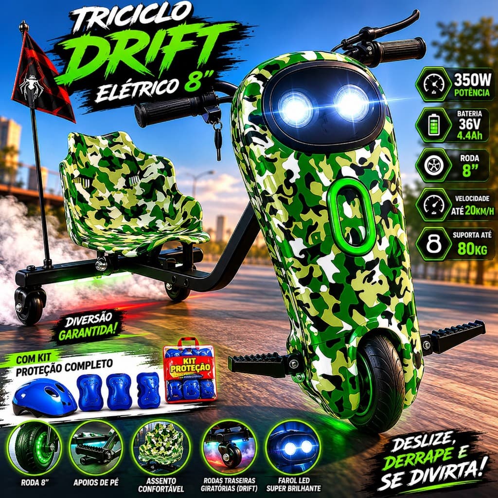 Triciclo Infantil Elétrico Drift 250W 350W LED Bluetooth 3 Velocidades Kart Criança + Kit Proteção