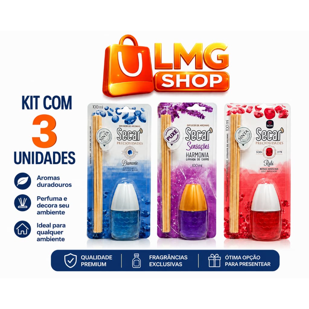 Kit Difusor de Aromas Secar Sensações 100ml Aromatizador de Ambiente Casa Perfumada Lavanda Rubi Diamante - LMG Shop