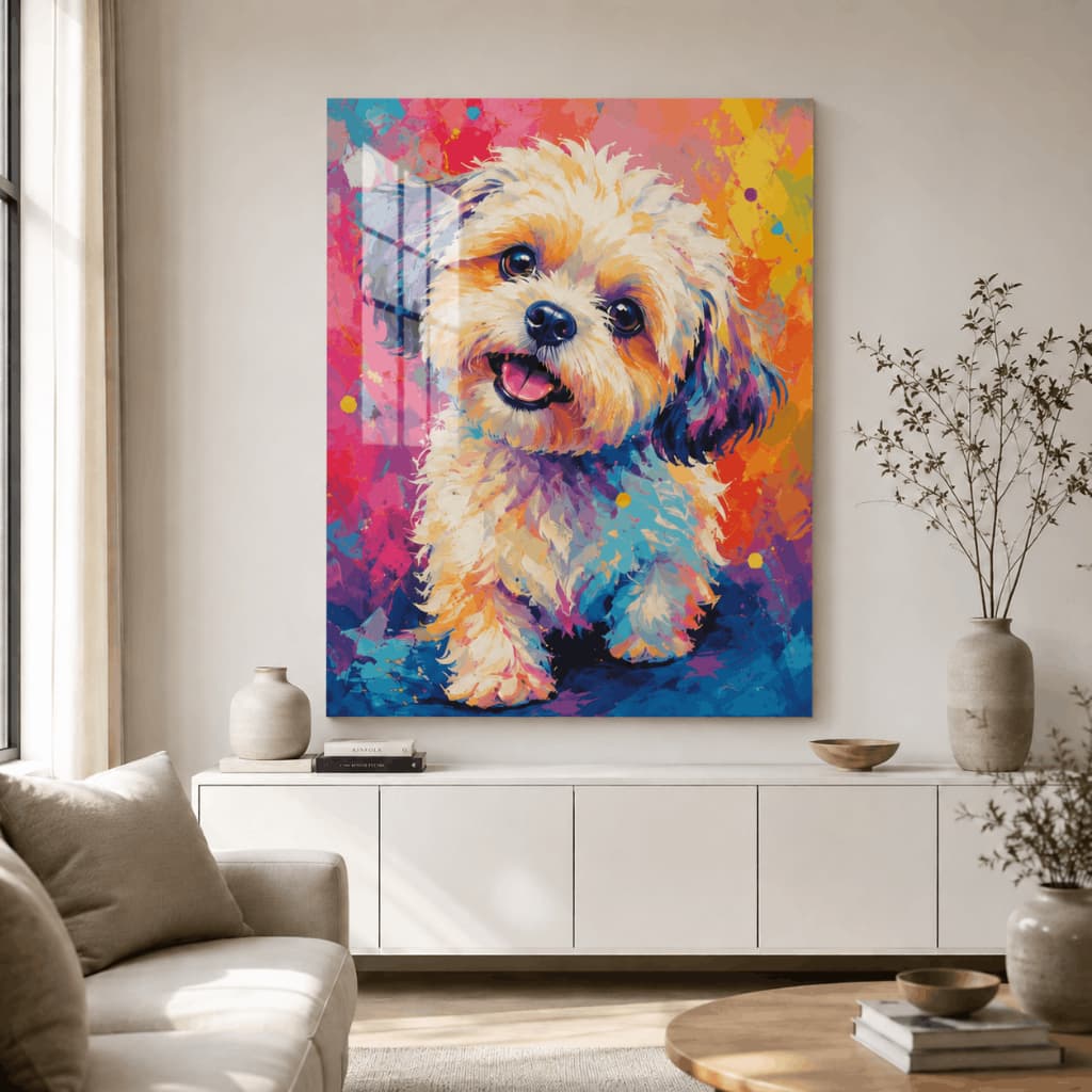 Quadro Decorativo Cachorro Colorido Pop Art Acrílico Brilhante Sala Moderna