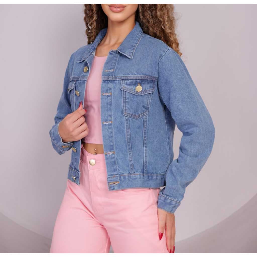 Jaqueta Jeans Feminina Marmorizada com Botões Dourados Premium