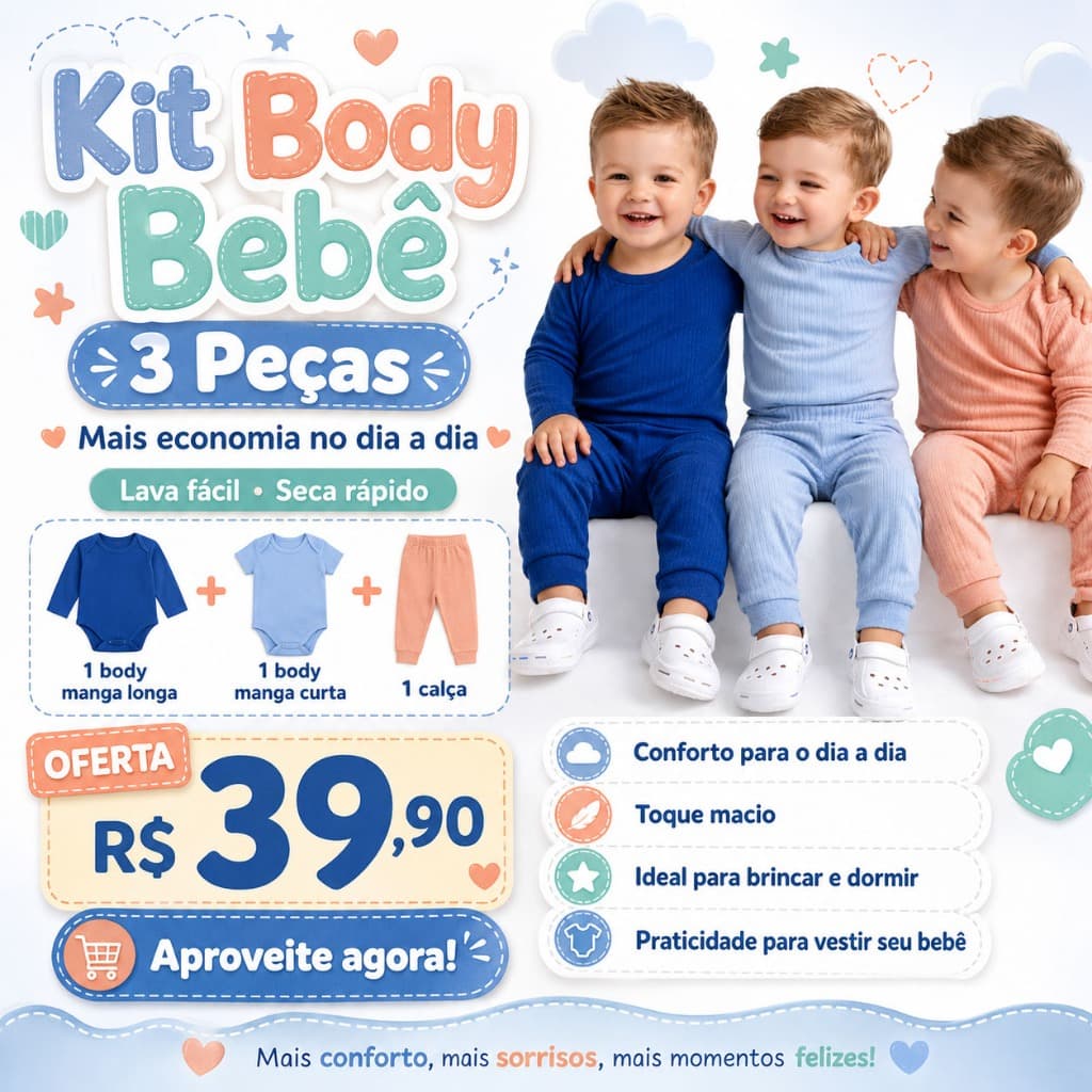 Kit Body Bebê 3 Peças Manga Longa Calça Manga Curta Lava Fácil Seca Rápido
