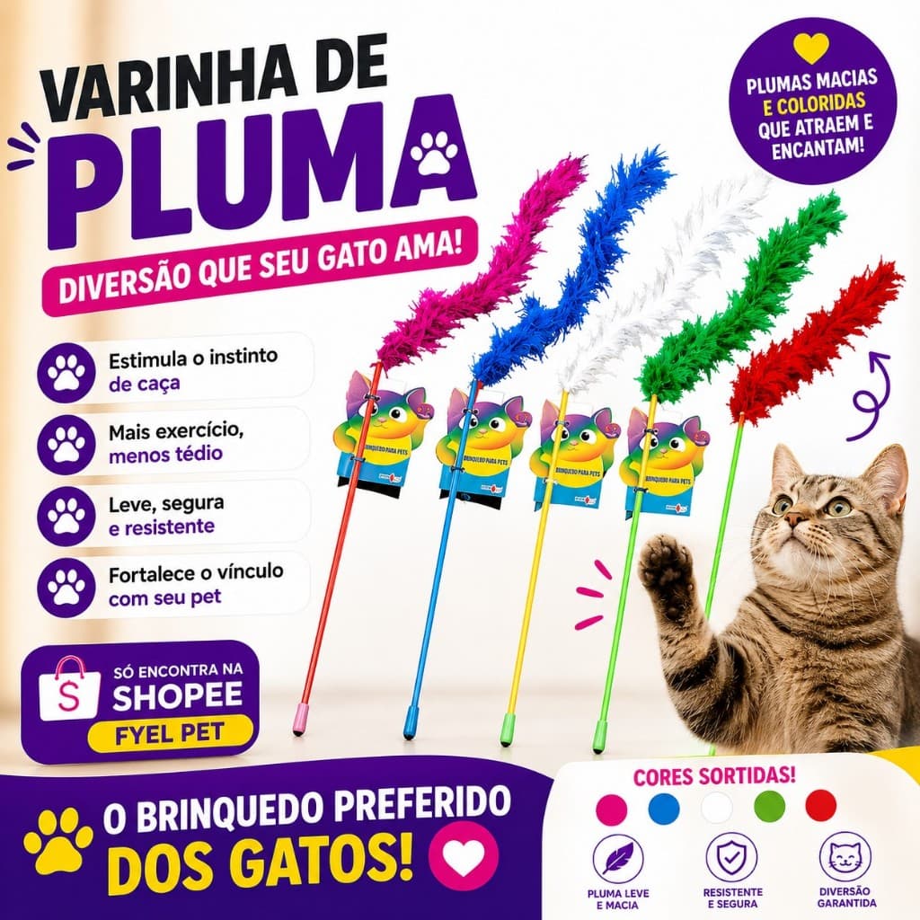 Brinquedo para Gato | Varinha de Gato com Pluma | Brinquedo Varinha com Pena e Pluma de Gato