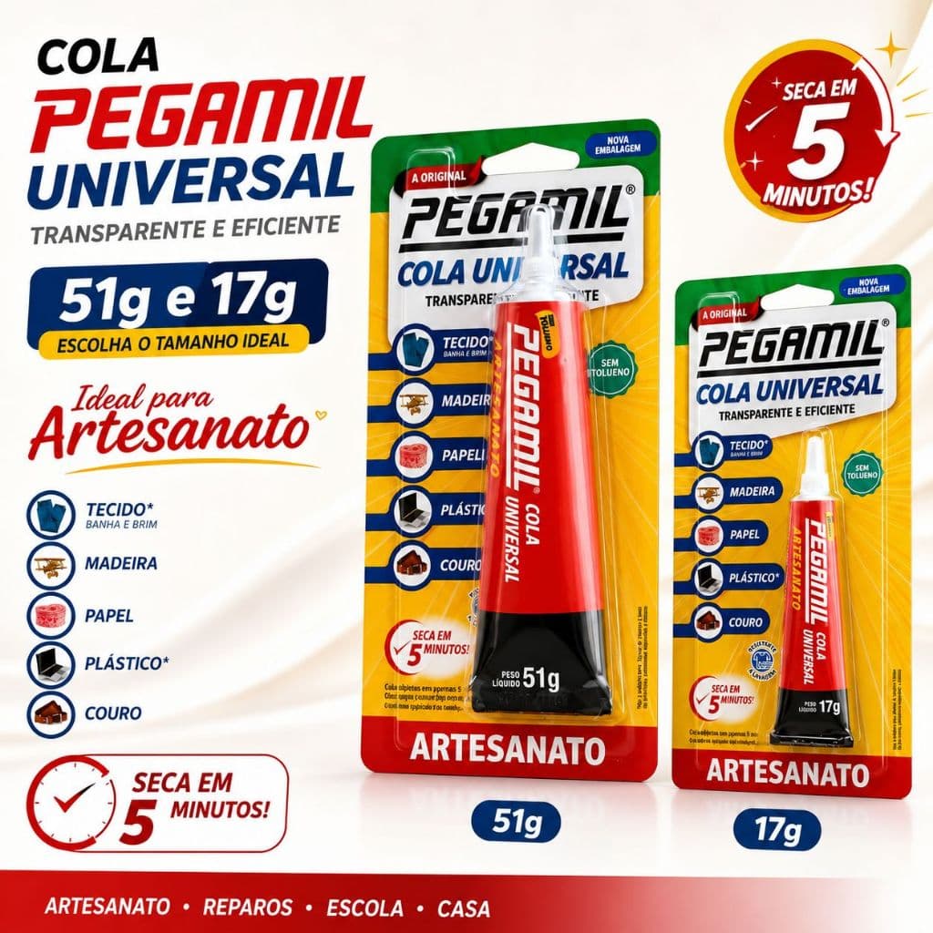 Cola Pegamil Universal Para Artesanato 17g e 51g Ideal para Madeira Papel Cartão Plástico Couro Tecido e Pedrarias
