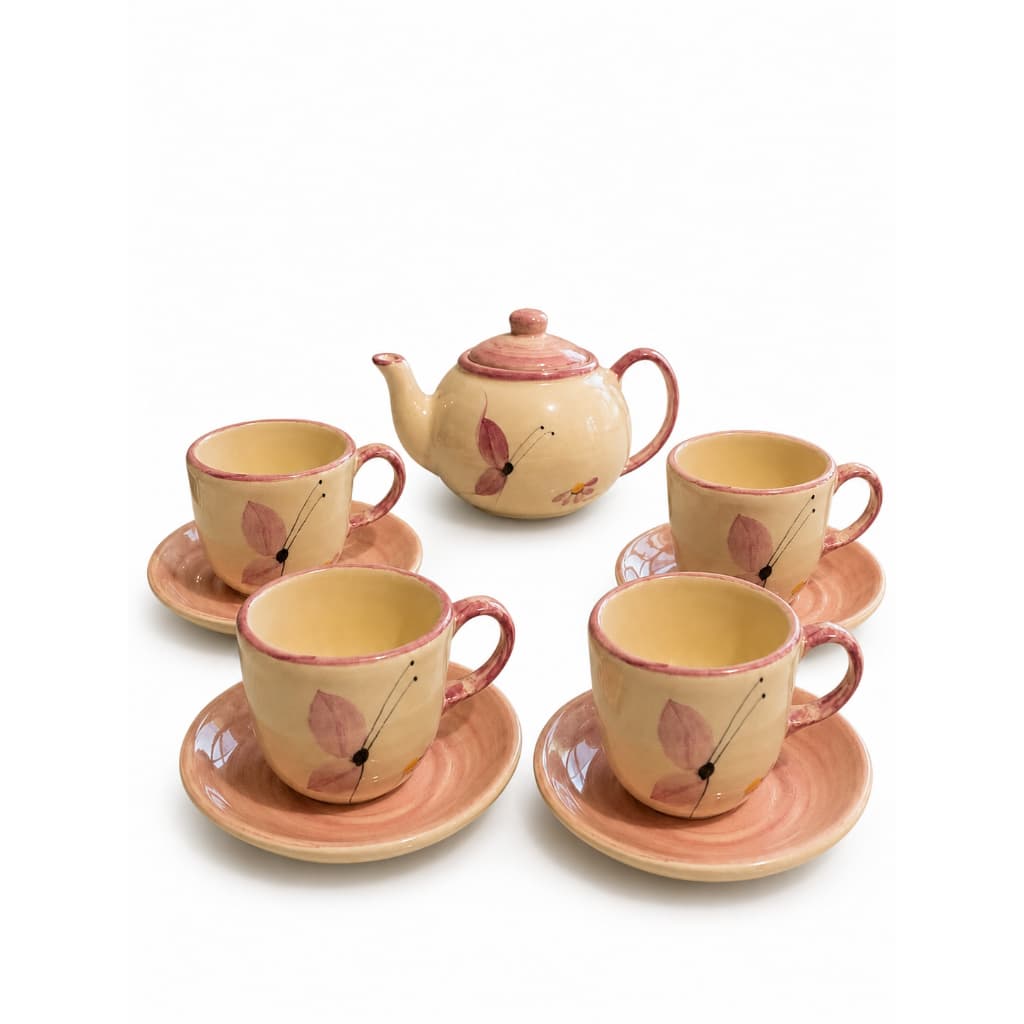 Kit 4 Xícaras de Café 50ml + Bule Borboleta Rosa - Cerâmica