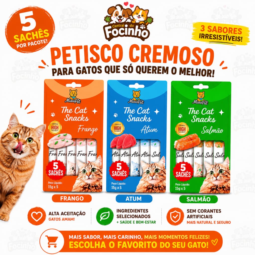 Petisco Meguis Cremoso Para Gatos 5 Sachês | Frango Atum Salmão Tipo Churu