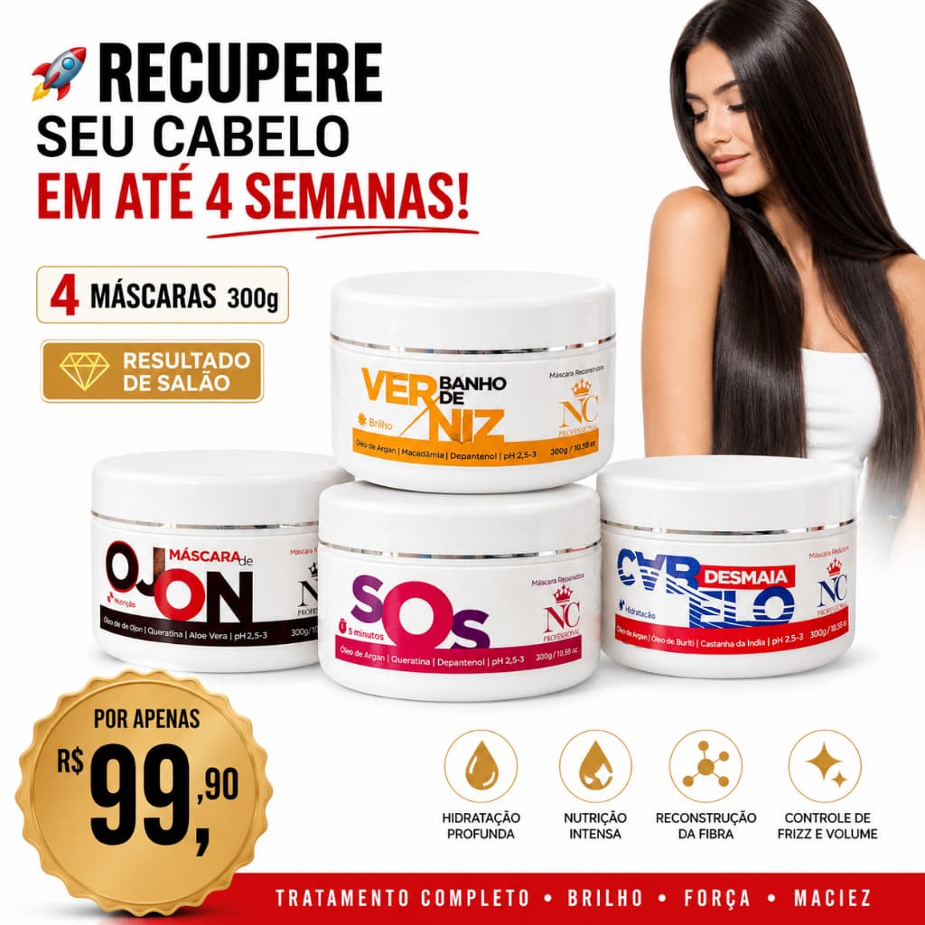 Kit Recupera Cabelo 4 em 1 -  Hidratação Nutrição Reconstrução Anti Frizz Cabelo Danificado e Ressecado 4x 300g