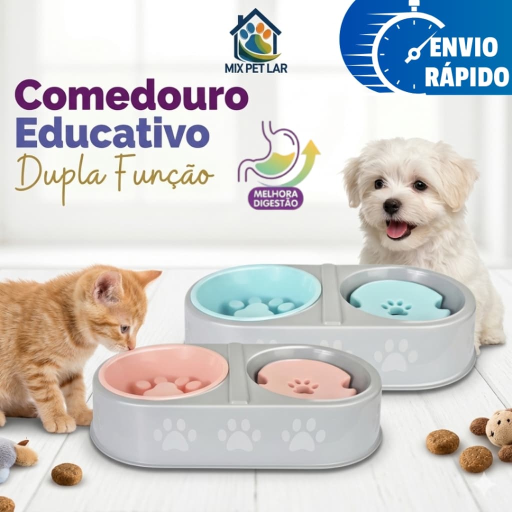 COMEDOURO EDUCATIVO PARA CÃES GATOS DUPLA FUNÇÃO RAÇÃO ÁGUA COMEDOURO PET 1600ML