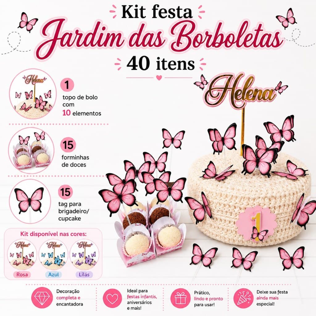 Kit Festa Topo de Bolo Jardim das Borboletas 40 itens Topo + Topper para Doces + Forminhas de Docinho