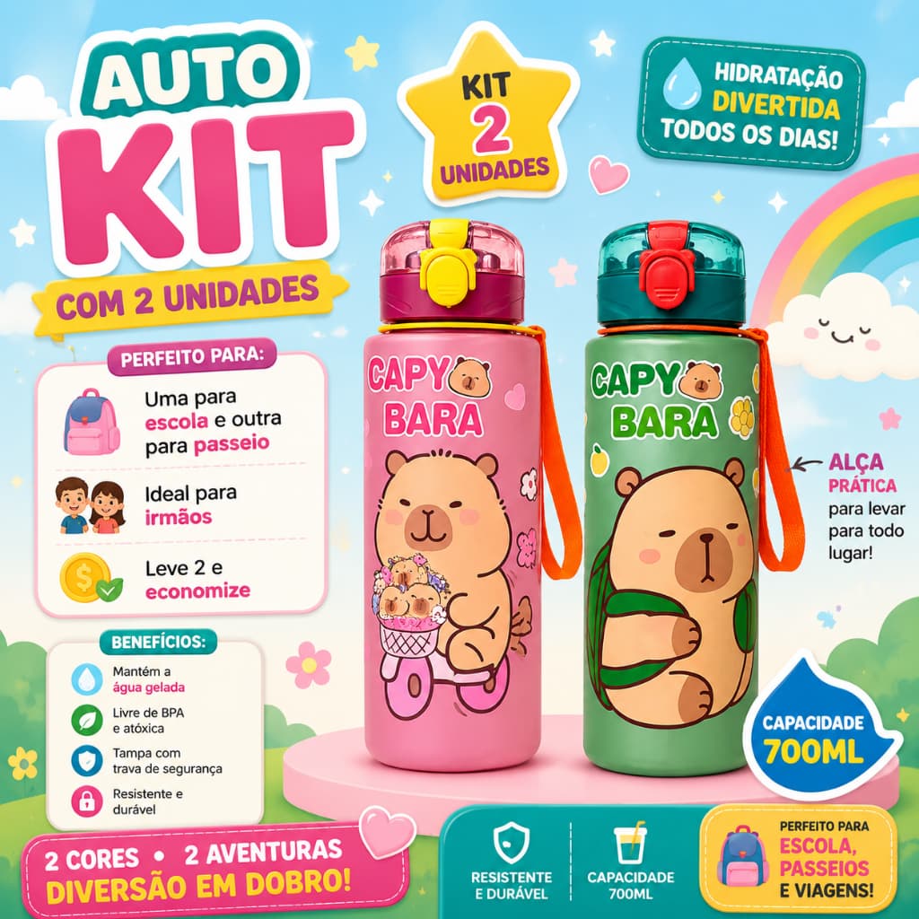 Kit Garrafa Infantil Super Resistente BPA Free Com Trava Segurança desenho animado da Capivara