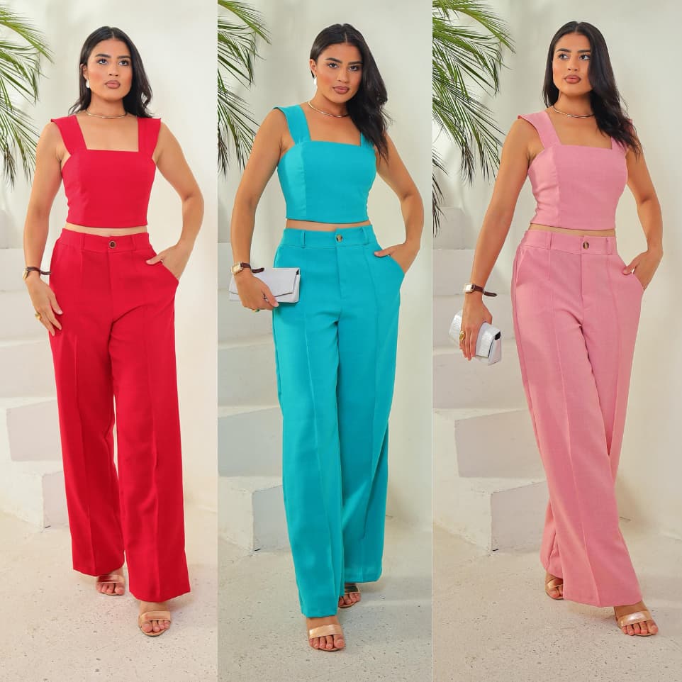 Conjunto Feminino Elegante Calça Pantalona e Cropped premium