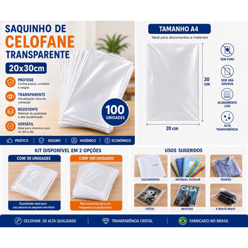 Saquinho Plástico De Celofane Transparente – 20x30 com 30 ou 100 unidades