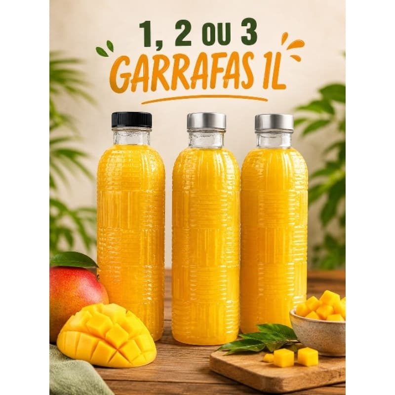 Garrafa 1L Vidro Redonda Tampa Inox Hermética Geladeira Água Suco Kit 1/2/3 Unidades Premium