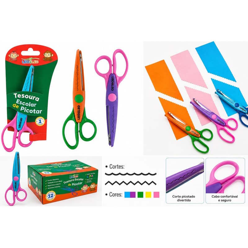 KIT COM 2 TESOURAS ESCOLAR DE PICOTAR - ZIG ZAG E ARREDONDADO – LEONORA