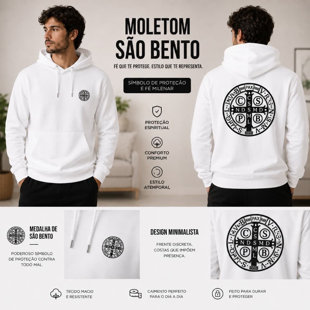 BLUSA DE FRIO MOLETOM CANGURU CAPUZ CRISTÃO INVERNO MEDALHA DE SÃO BENTO - 50% ALGODÃO PREMIUM