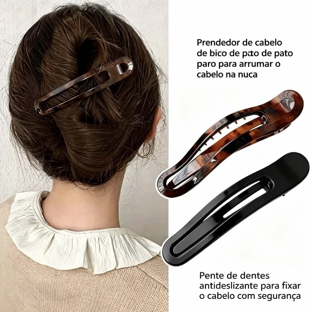 Kit 2 Presilha Bico de Pato Firme Não Escorrega | Prendedor de Cabelo Seguro para Dia a Dia Preto+Estampa de Leopardo