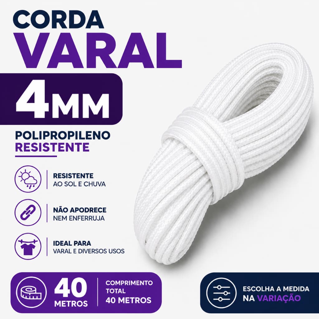 Corda Polipropileno Branca 4mm Forte Flexível para Uso Externo 40 Metros
