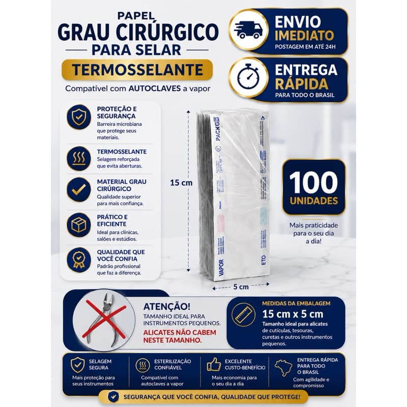 Envelope esterilização Grau cirúrgico 5cmx15cm Ideal para manicure Estética podologia odontologia tatuadores e piercing