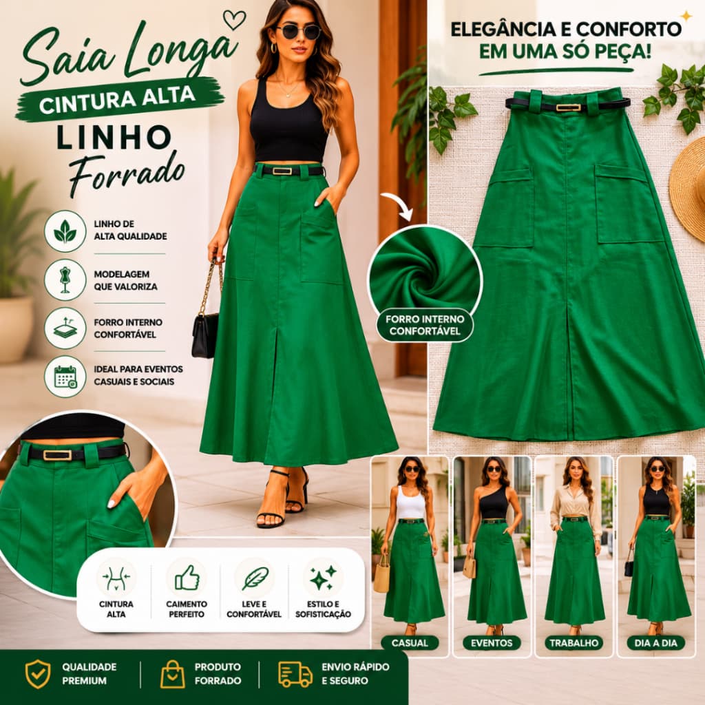 Saia Feminina Longa Linho Verde Cintura Alta Forrada com Bolsos Elegante Casual Moda Feminina