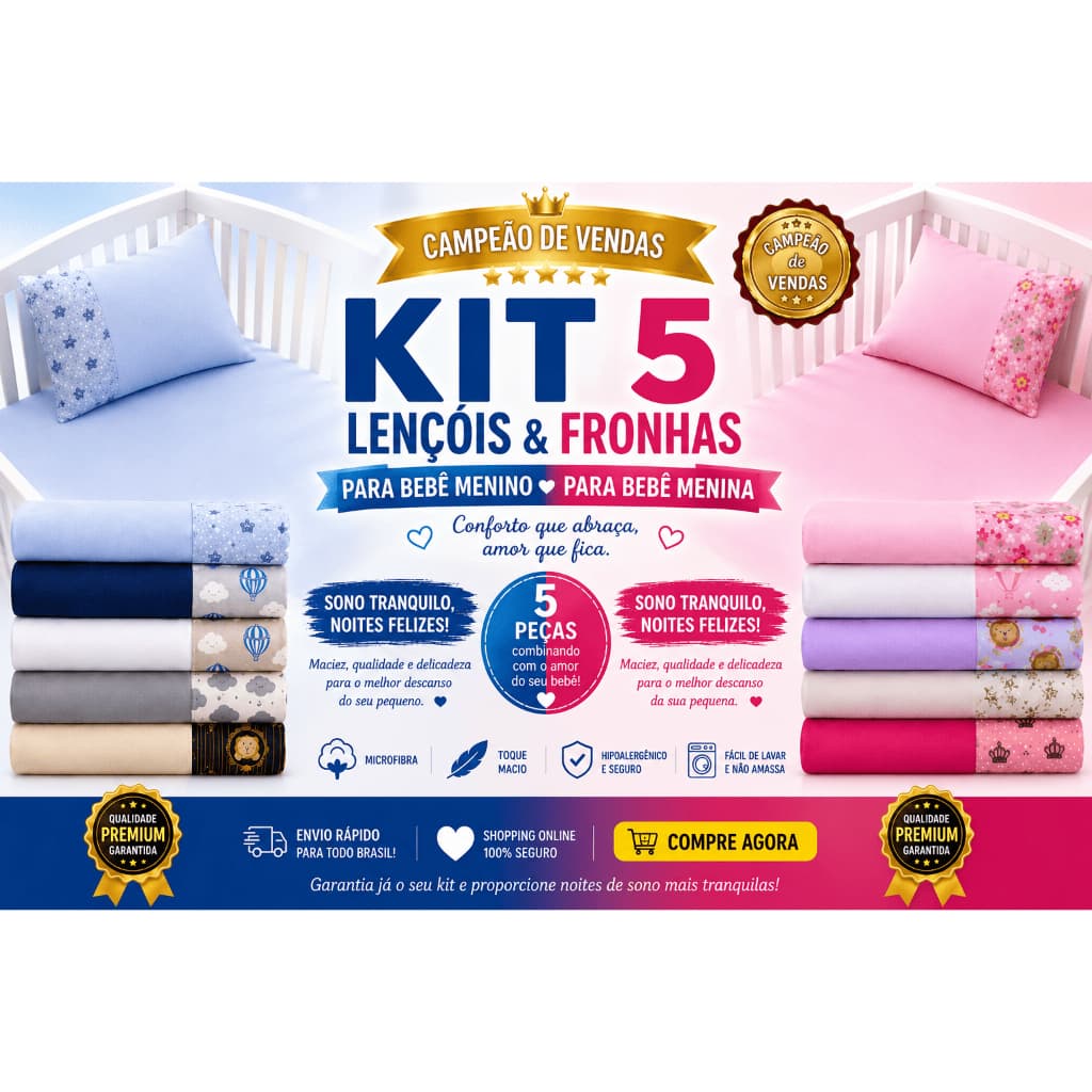 Kit 5 jogos de lençol berço americano com fronha MF