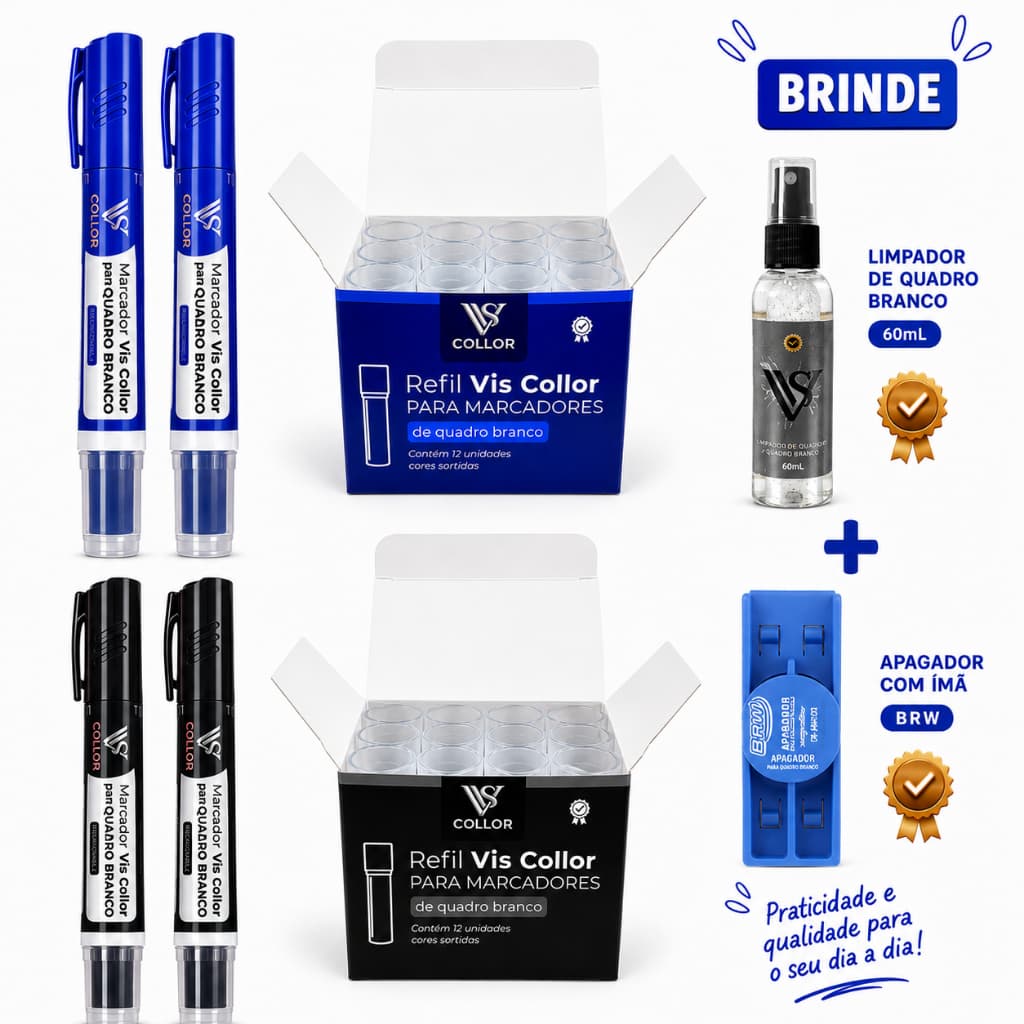 Mini Kit Professor Pincel Quadro Branco Lousa 4 Pincel + 24 Recargas +Apagador e Limpador -Grastis