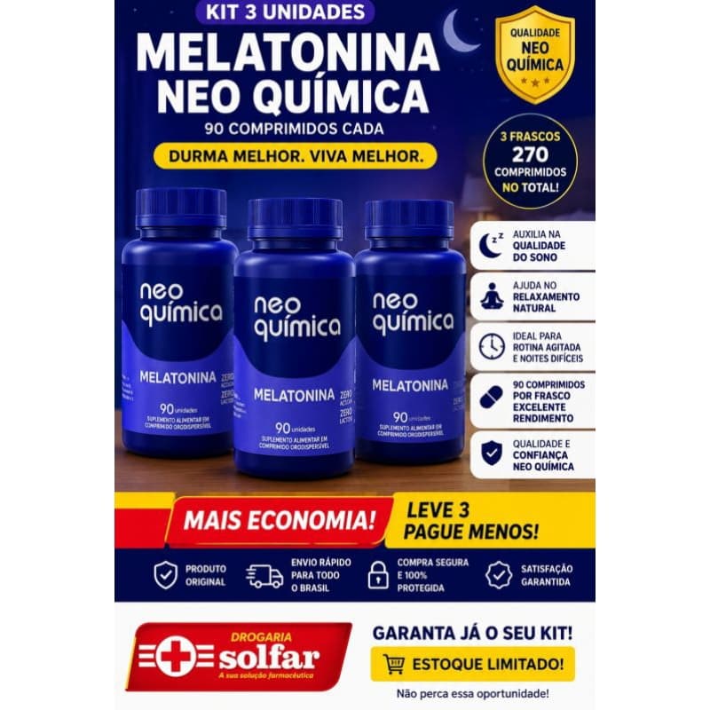 Melatonina Neo Química 90 Comprimidos kit c/3 Original | Sono e Relaxamento | Drogaria Solfar