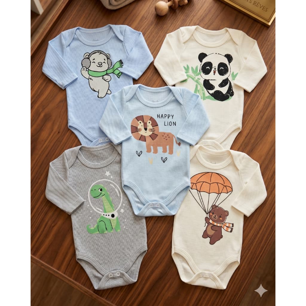 KIT 5 Body estampado Bebê menino Canelado Sortidos - Serafina