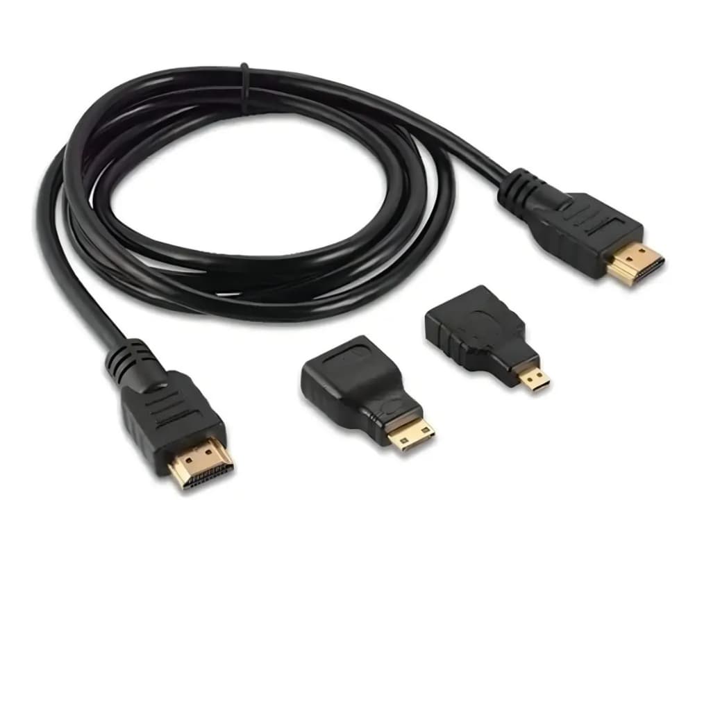 Kit Cabo HDMI 1,5 Metros com Adaptador Micro Hdmi e Mini HDMI Alta Resolução HD