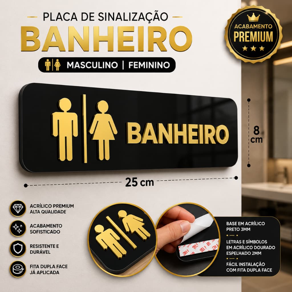 Placa Banheiro Masculino Feminino Unissex Acrílico Preto Dourado 25x8cm