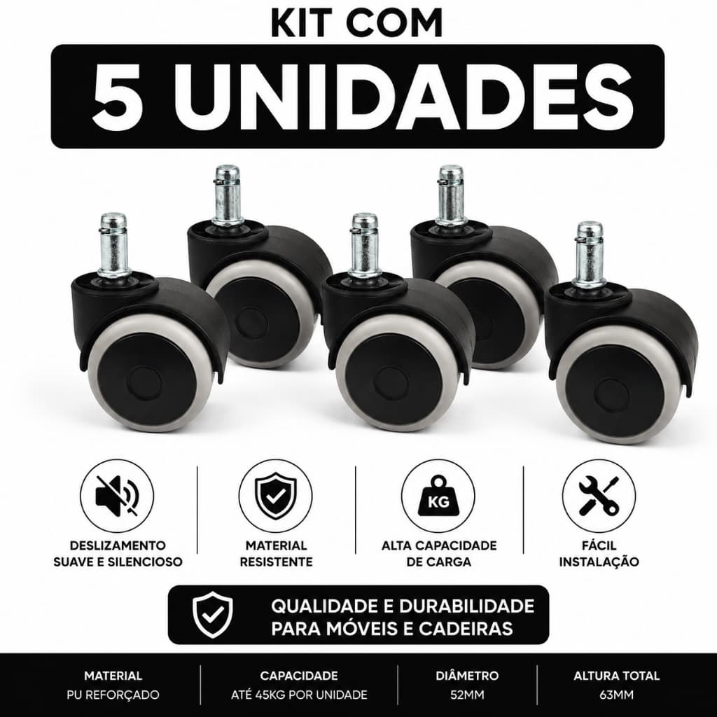 Rodas Para Cadeira Gamer Kit 5 Rodinhas 54mm Com Proteção Anti Risco e Ruído Baixo - PU Reforçado-