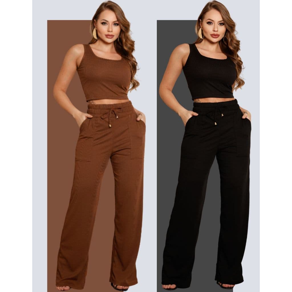 Kit C/2 Conjuntos Femininos Canelados Pantalona E Blusa Wide Leg Regata Estilosa Blogueira Barato