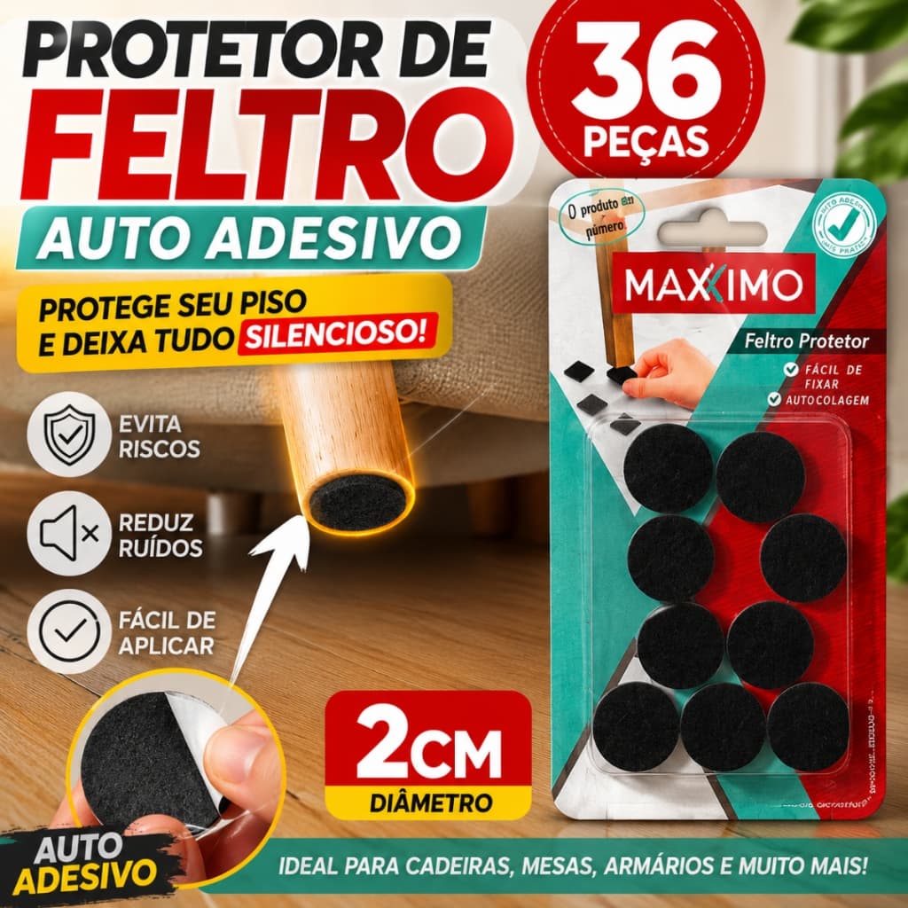 Protetor para Pé de Cadeira Feltro Auto Adesivo 12 ou 36 Peças 2cm Anti Risco Piso Silencioso