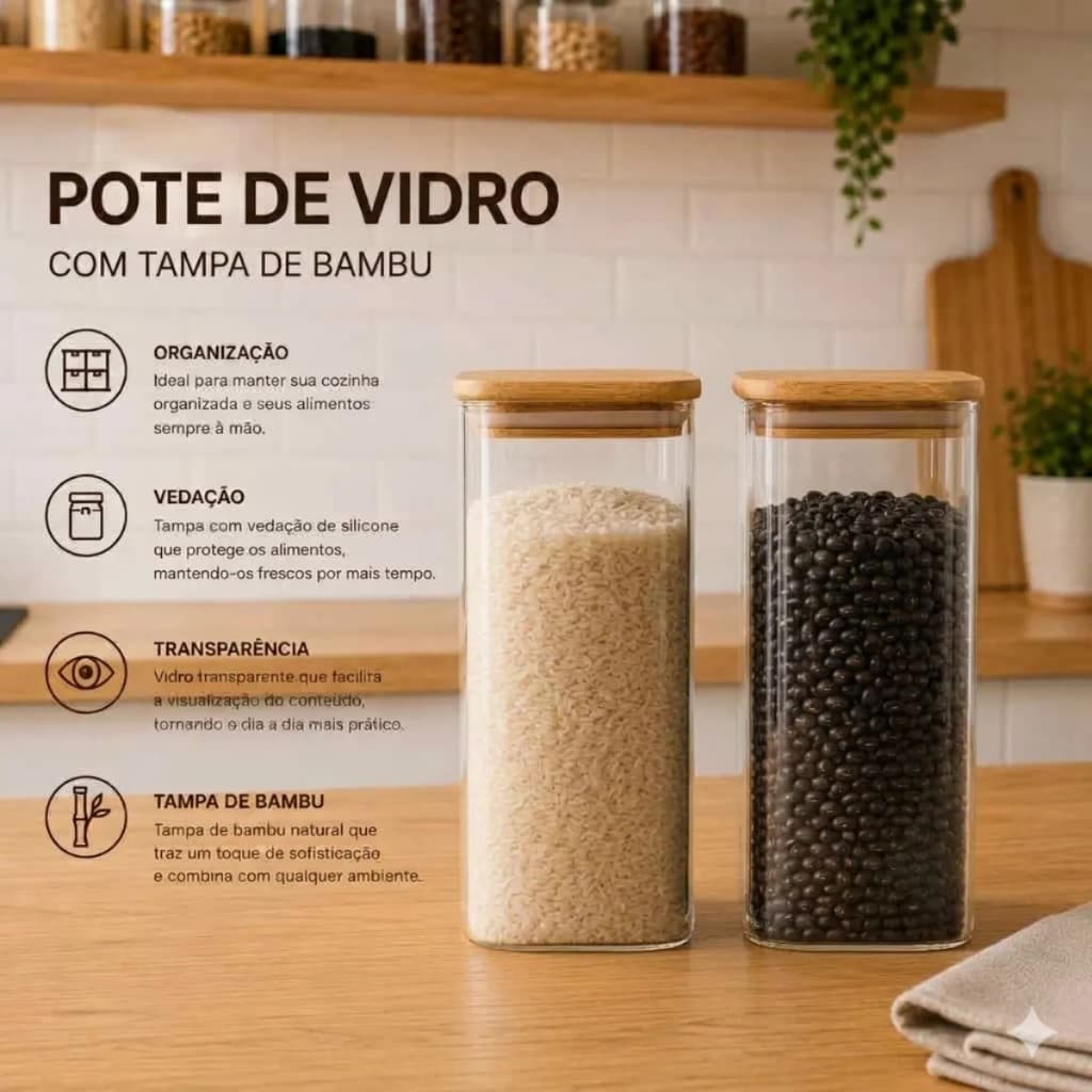 Kit 2 Porta Mantimentos Vidro 1500ml Tampa Bambu Cozinha