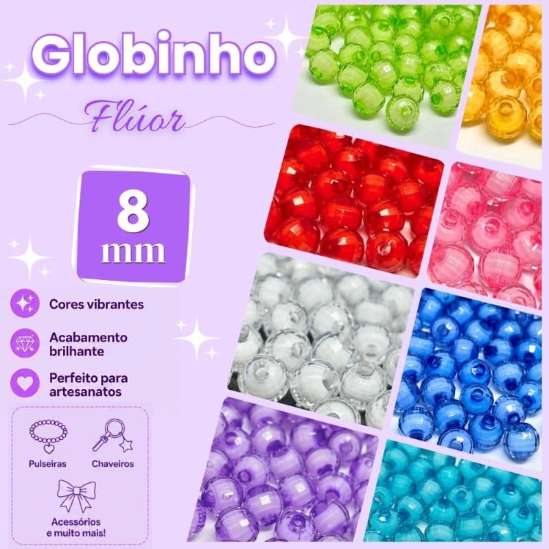 GLOBINHO FLUOR Bola Acrílica Sextavada  - 8mm - Transparente com Miolo Branco - 500g