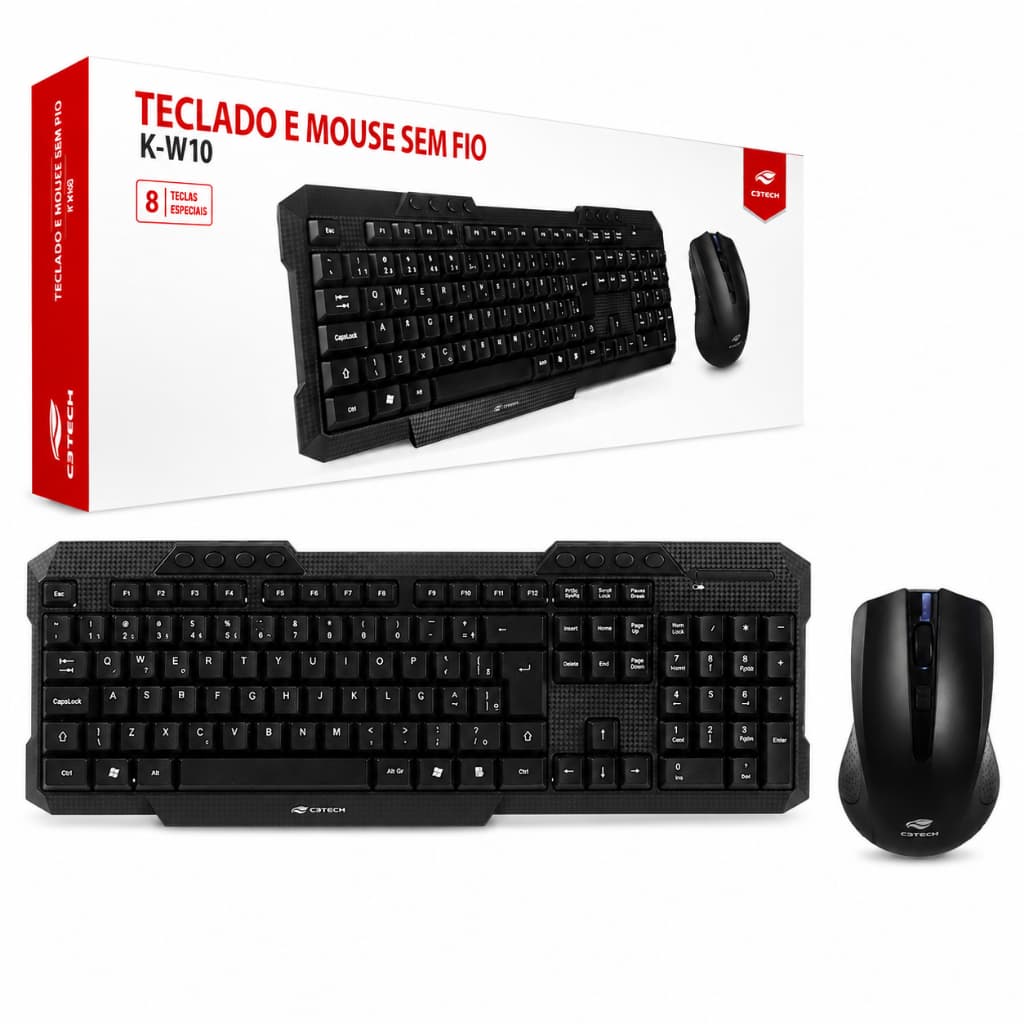Kit Teclado e Mouse Sem Fio Teclas Funções Multimídia PTBR ABNT2 K-W10BK C3Tech