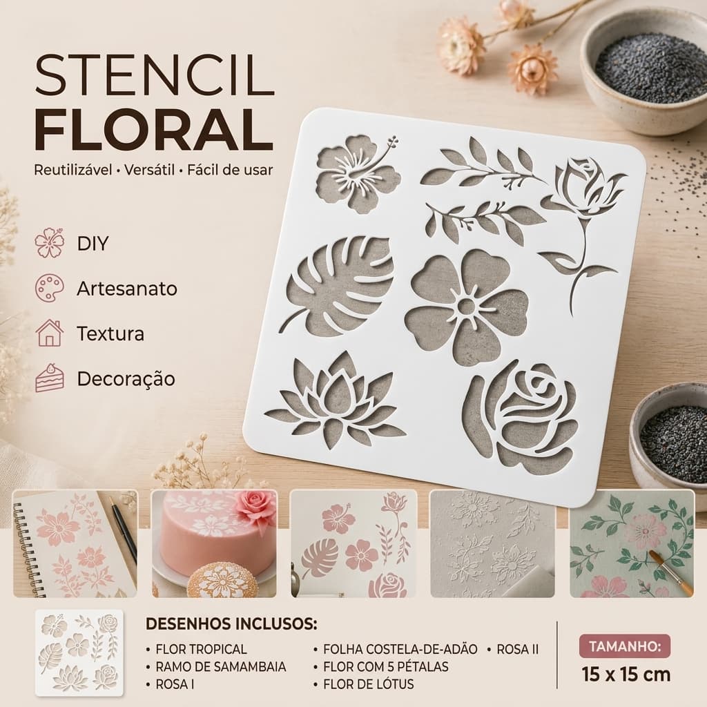 Stencil Floral Brinclinc 15x15cm Reutilizável Para Pintura Artesanato DIY Textura Parede Confeitaria Decoração