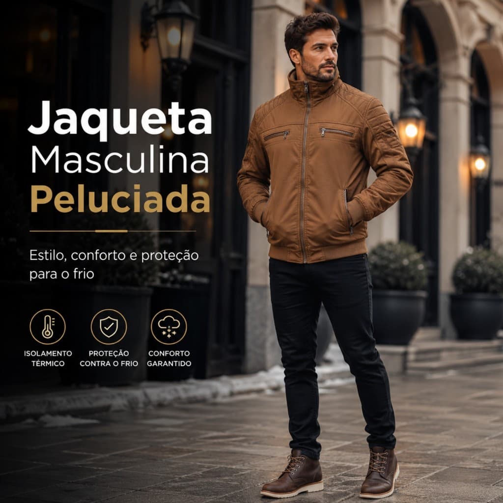 Jaqueta Masculina Bomber Peluciada Impermeável Zíper Bolsos Funcionais Frio Intenso