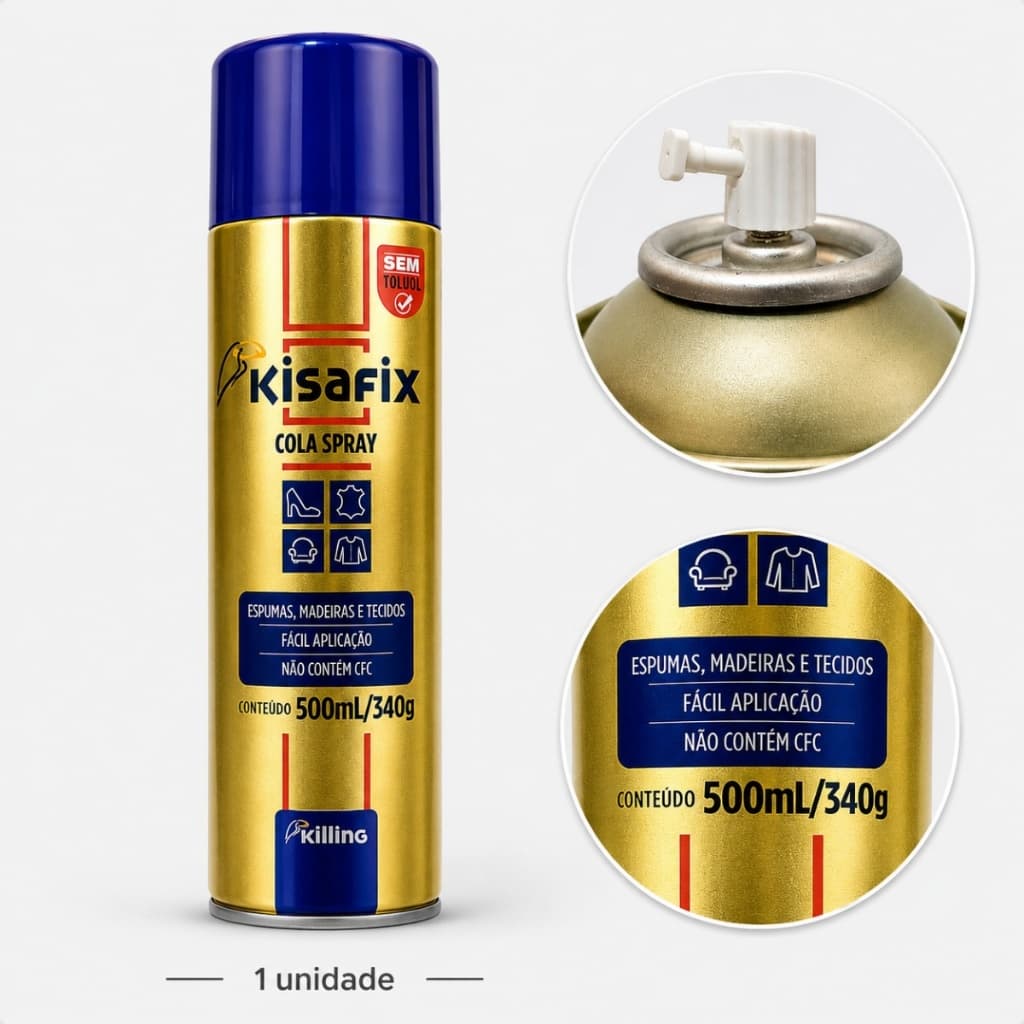Cola Spray Adesivo Aerosol Contato Kisafix Tapeceiro Automotivo Madeira Artesanato Regulável Espuma Lata 340gr