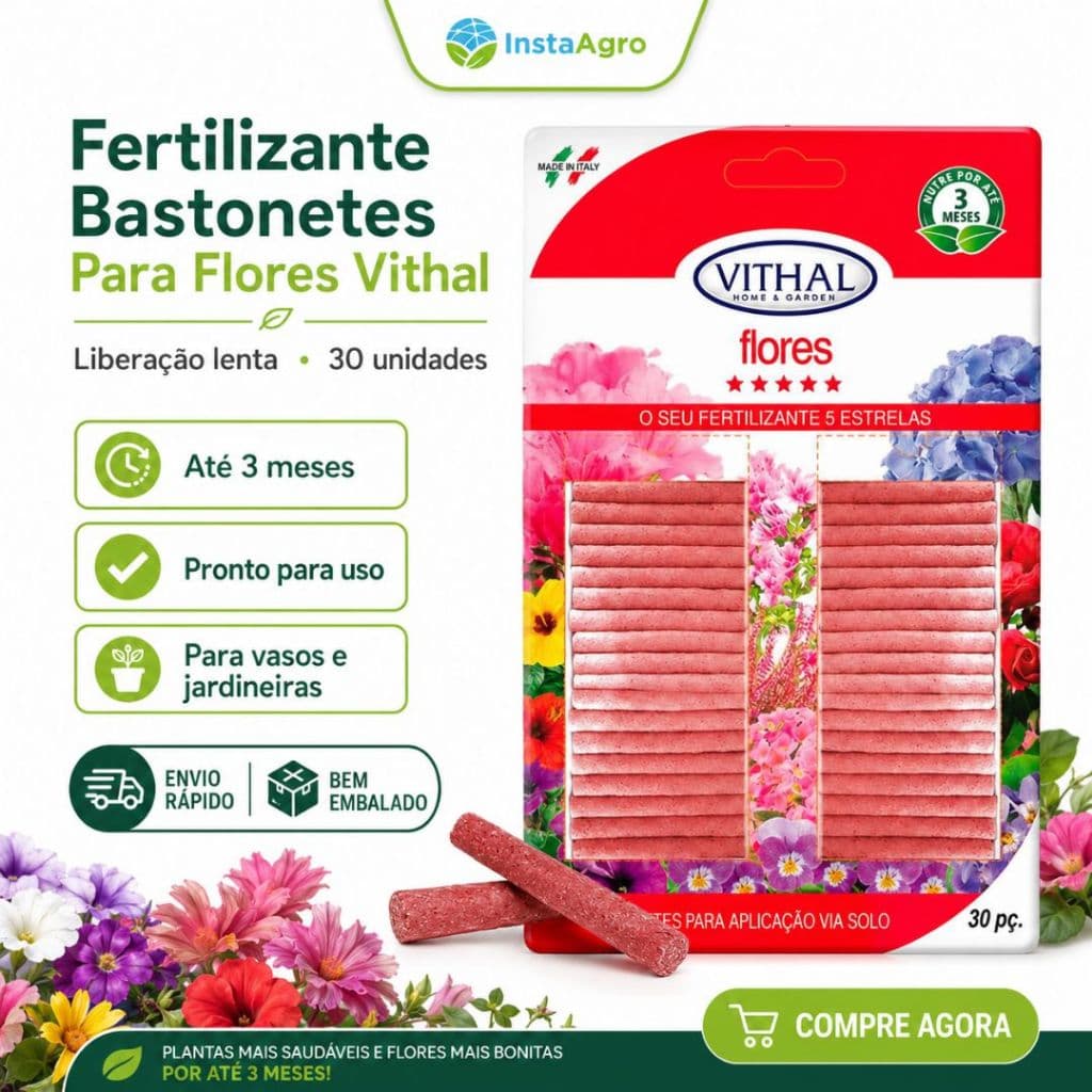 Fertilizante Bastonetes Para Flores Vithal 30 Unidades Adubo NPK Pronto Uso Liberação Lenta Para Vasos E Jardineiras