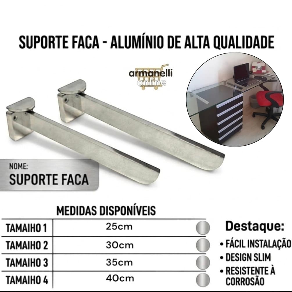 Suporte Prateleira Mão Francesa Faca Cantoneira de Aluminio para vidro 25/30/35/40cm (UNIDADE)