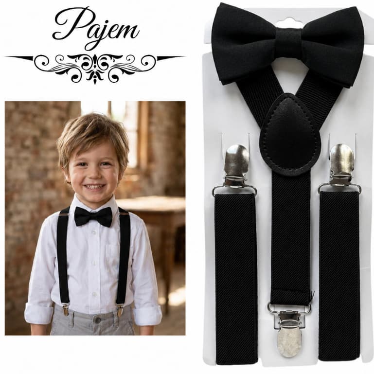 Conjunto Infantil Gravata Borboleta e Suspensório Preto Pajem Casamentos Eventos
