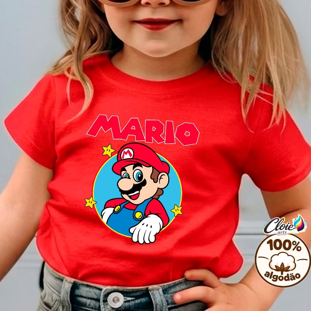 Camiseta Infantil 100% Algodão Super Mario Bros World Caçador Moedas Castelo Game  Encanador  Aventura  Reino Encantado.