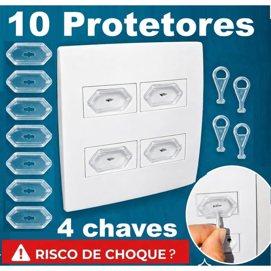 10 Protetores de Tomadas com 4 chavinhas Transparente