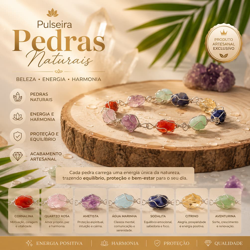 Pulseira Cesto Banhada Pedras Naturais Variadas Feminina Design Exclusivo