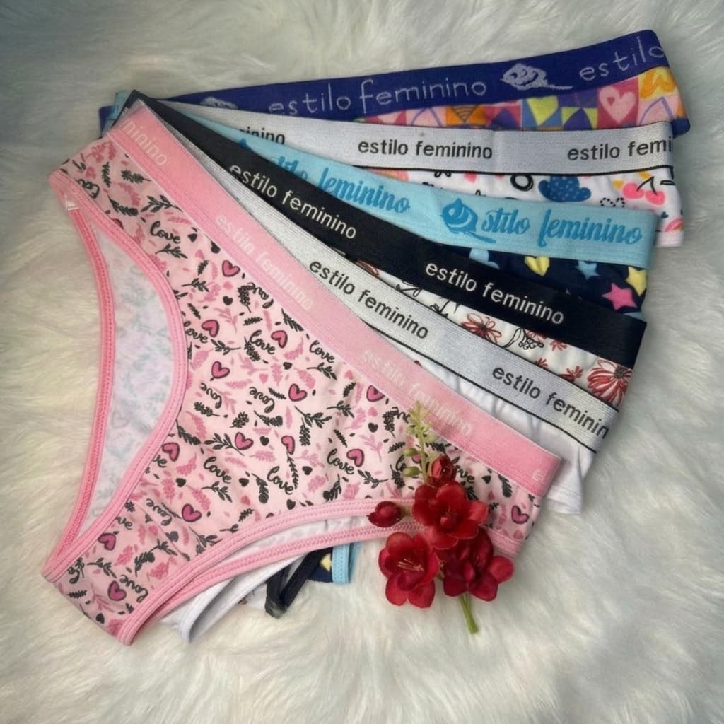 Kit 6/5/4/3 Calcinhas Cotton Exposto Tanga 100% Algodão Feminina Adulto Estampada Forro Confortavel