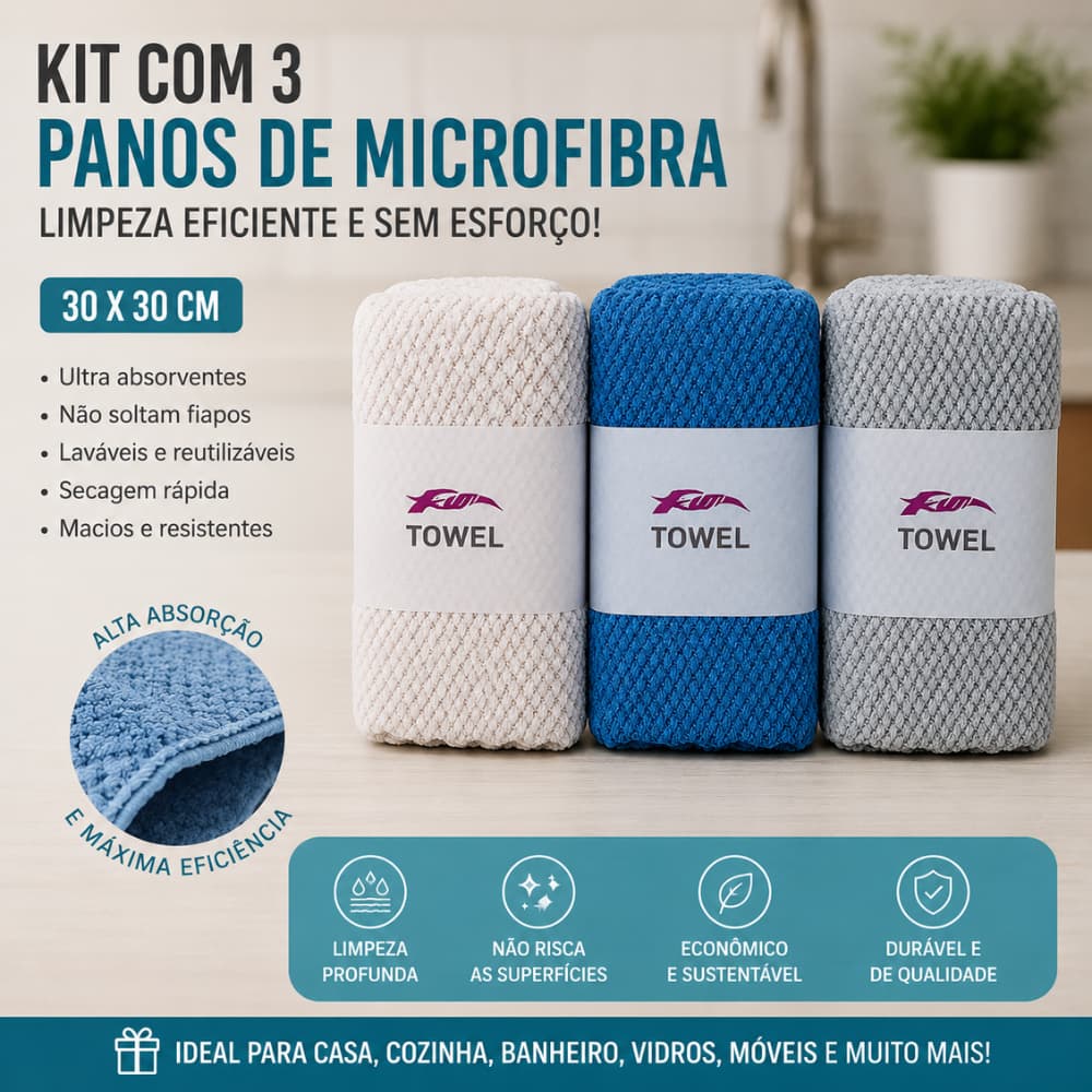 PANO MICROFIBRA MULTIUSO COZINHA LAVABO CARRO CASA KIT COM 3