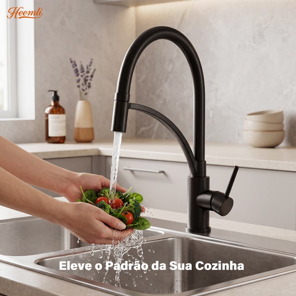 Heemli Torneira Gourmet Premium Preta Monocomando Água Quente e Fria, Bica Alta, Fluxo Potente e Anti Respingo