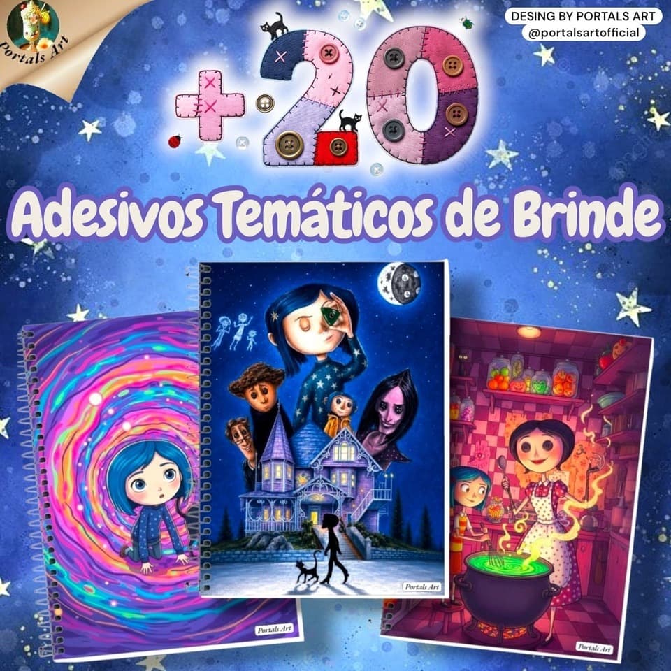 Caderno A4 Coraline+20 figurinhas temáticas de brinde,capa dura