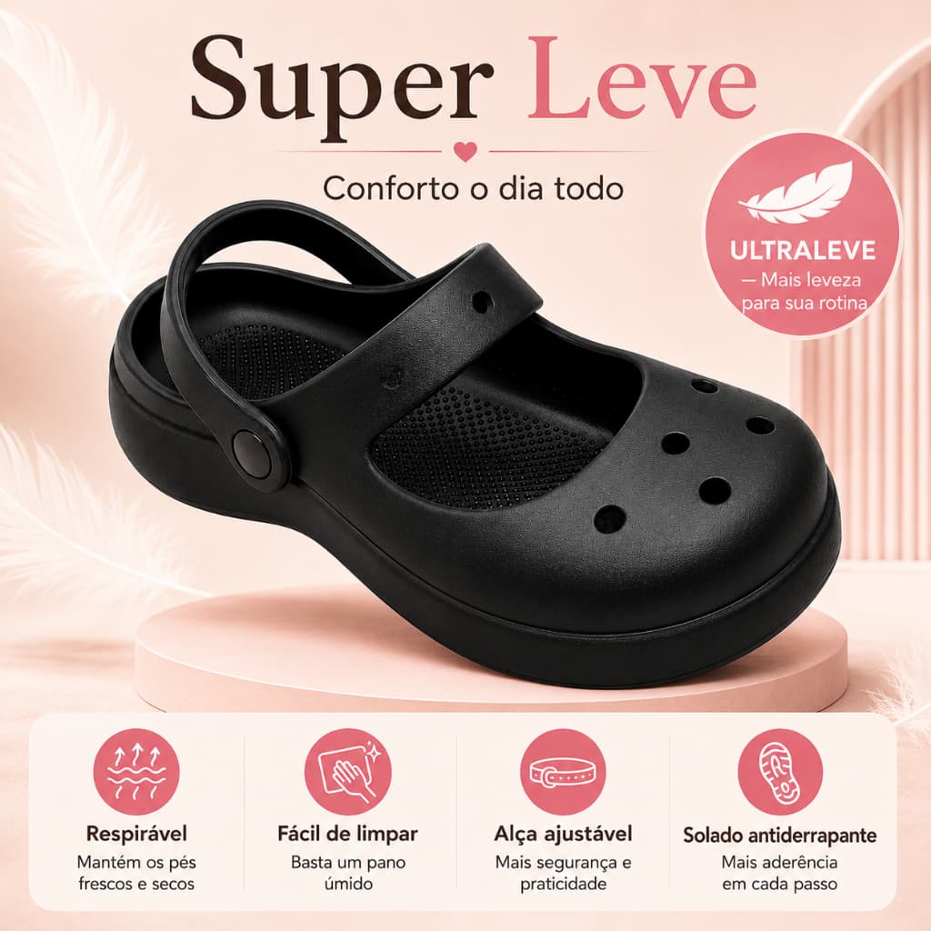 Sandália Tipo Clog Feminina Preta Super Leve com Alça Ajustável, Conforto e Segurança ao Caminhar