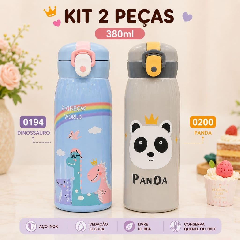 Kit 2 Squeezes Infantis 380ml Garrafa Térmica Aço Inox Tampa com Trava Menina e Menino